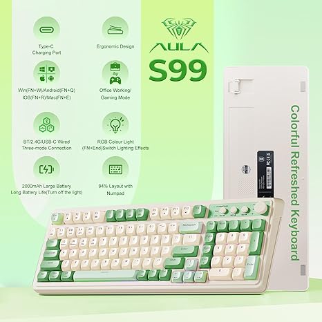 AULA S99 Gaming Keyboard, Wireless Computer Keyboards, Tri-Mode Bluetooth/2.4GHz/USB